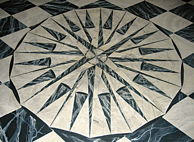 Detail of the compass rose painted on the Foyer floor.