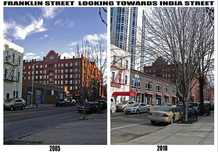 Franklin Street looking towards India Street and the Astral Apartments. 
The Astral Apartments were built in the 1880's for the employees of Astral Oil Works.  #greenpoint #brooklyn #11222 #astralapartments #nyc #newyorkcity #condos #apartments #thenandnow #beforeandafter #astraloil #oil #oldbuilding #nychistory #greenpointhistory #industry #greenpointbrooklyn #missingthepoint #architecture #architecturelovers  #history #brickbuilding #terracottabrick #queenannestyle #historical #preservation #historicalpreservation #landmark #brooklynhistory #trees