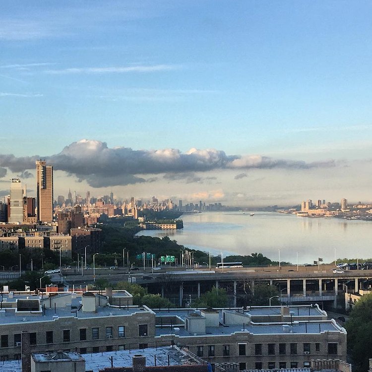 New York City skyline and George Washington Bridge from Washington Heights
