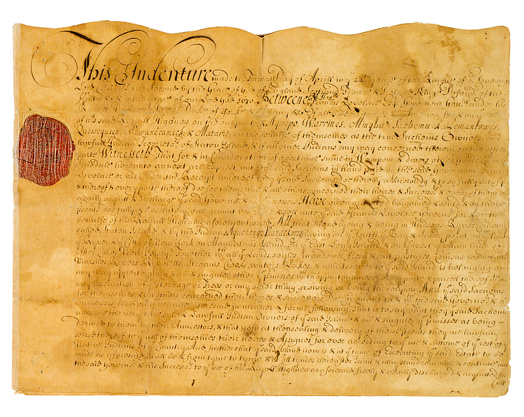 Deed for the purchase of Staten Island from the Munsees on behalf of the Duke of York. Manuscript signed by Gov. Francis Lovelace, on April 13, 1670.