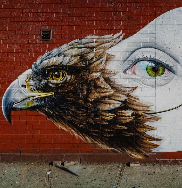 "Strange Bird " closeup , in Manhattan New York #detail #freehand #sprayart #wallart #mural