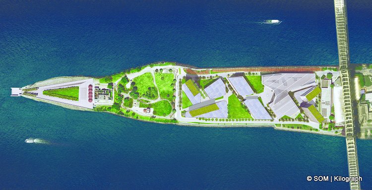 Rendered plan showing phases I and II, with Queensborough bridge to the right and Four Freedoms Park to the left