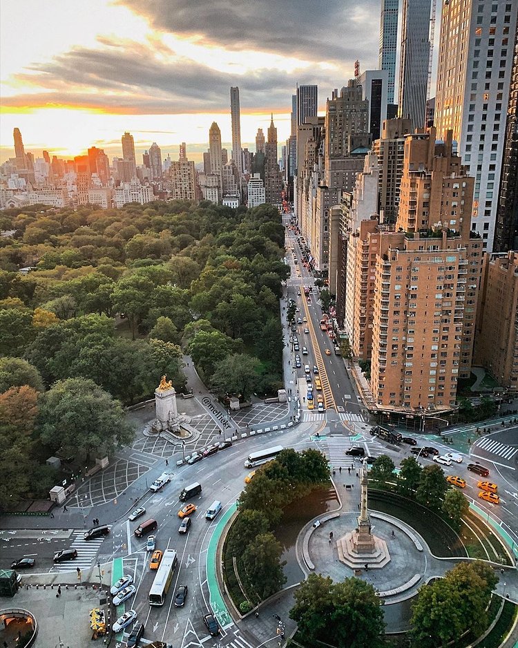 Sunrise over Columbus Circle and Central Park, Manhattan
