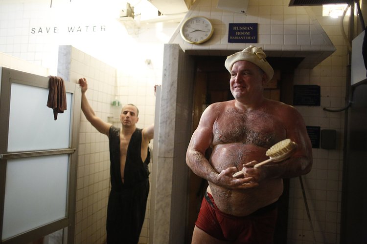 Jim Monahan scrubs down in the showers after time in the searing Russian Room, which is heated to over 190 degrees. Regulars say the saunas are hotter on so-called Boris weeks.