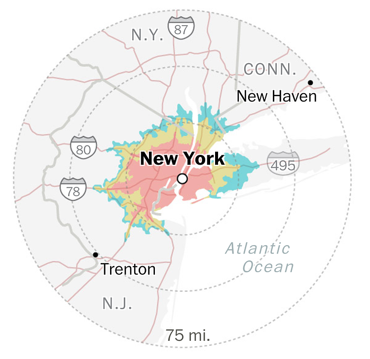 Area accessible from Downtown Manhattan in One Hour. (Red: 4pm, Yellow: 7pm, Blue: 10pm)