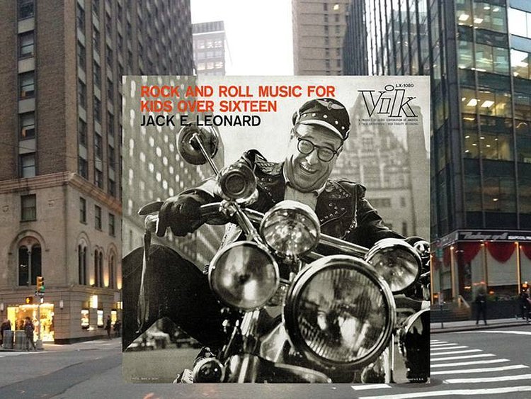 JACK E. LEONARD: ROCK AND ROLL MUSIC FOR KIDS OVER SIXTEEN (Vic, 1956). . .Location: The northeast corner of 56th Street and 7th Avenue, NYC, looking west. (I.e. next to the southwest corner of Carnegie Hall.). . . The pointed building in the upper right was the Broadway Tabernacle at the northeast corner of Broadway and 56th Street.. . Thanks to Chung Wong for figuring out the location and to Anne Raso for the album suggestion.. .Leonard was an American comedian and actor who made frequent appearances on television variety and game shows in the 50's and 60's.
