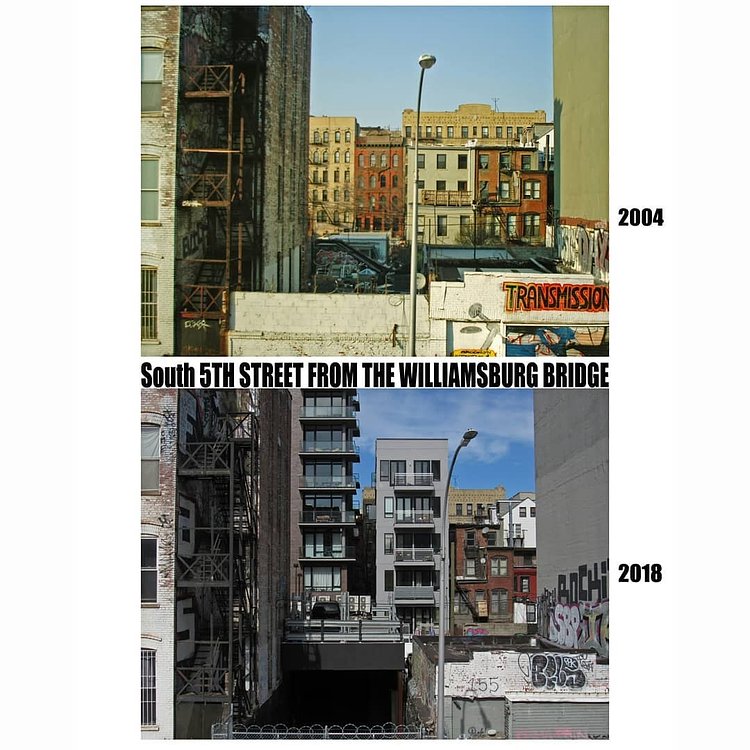South 5th Street from the Williamsburg Bridge  2004 / 2018 
#williamsburgbrooklyn #williamsburg #williamsburgbridge #brooklyn #nyc #newyorkcity #buildings #beforeandafter #thenandnow #nostalgia #nostalgic #oldbuildings #newbuildings #graffiti #graffitiart #transmission #fireescapes #disappearingnyc #disappearing #nygritty #city #grittycity #gentrification #neighborhood #BKLYN #11211 #signage #brooklynhistory #condos #apartment