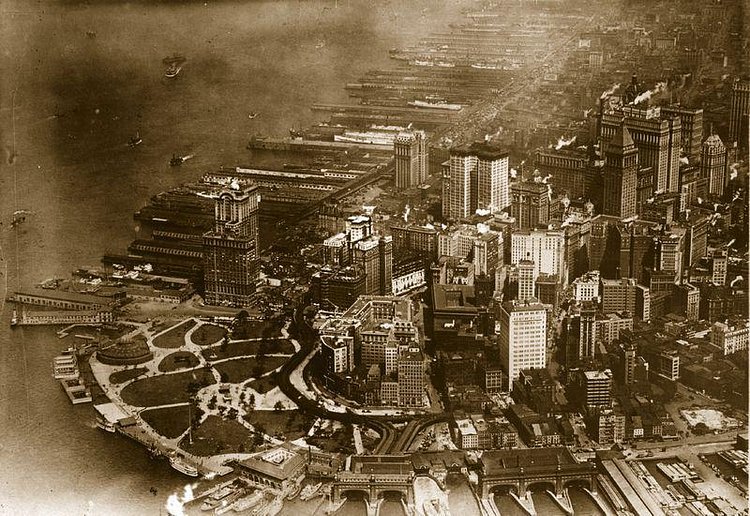Lower Manhattan photographed from the air, with focus on Battery Park and Wall Street, May 3, 1921