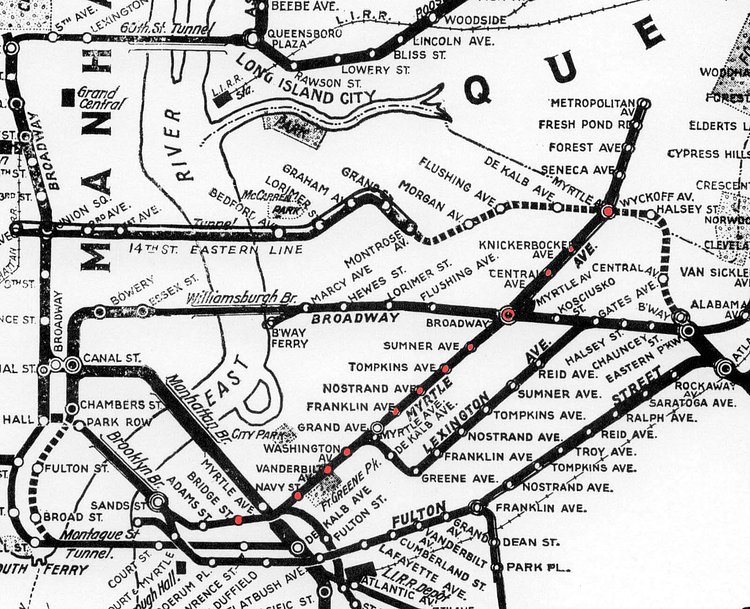A 1924 map of the BMT system, stops in red are Brooklyn stops still active in 1969.