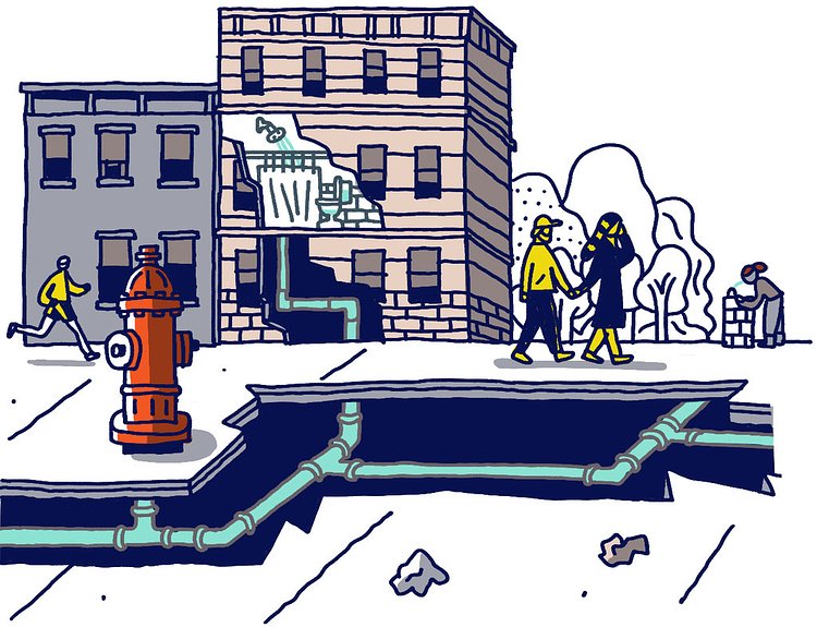 There most likely is at least one water main underneath every street in the city. Virtually every building in the city is then connected to the municipal system through smaller pipes called service lines.