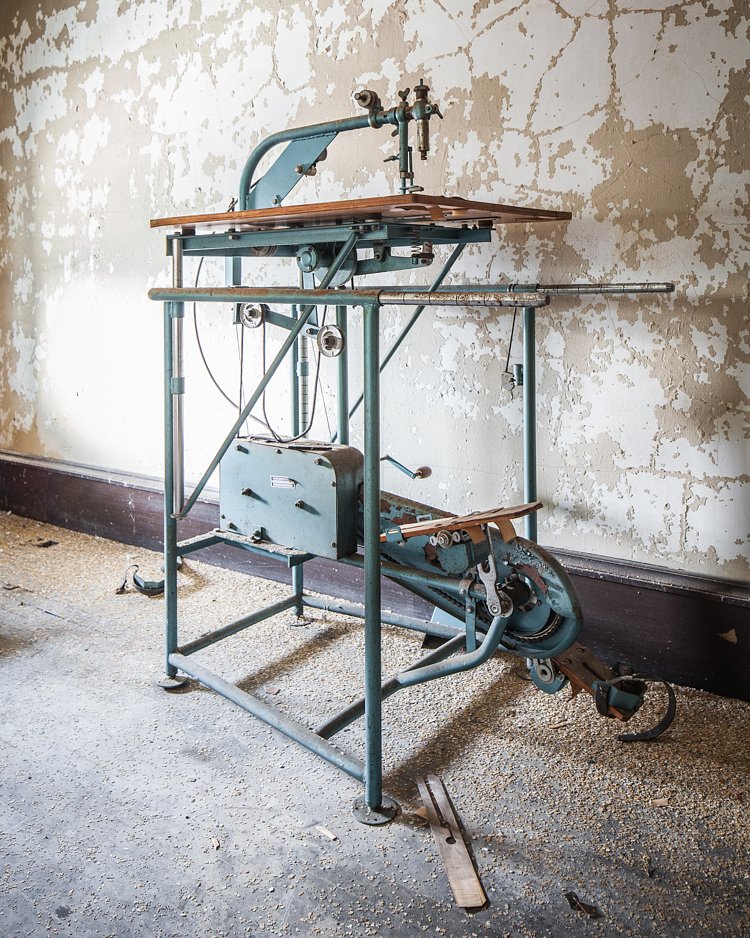 Upstairs in the attic, a fascinating pedal-operated sewing machine.