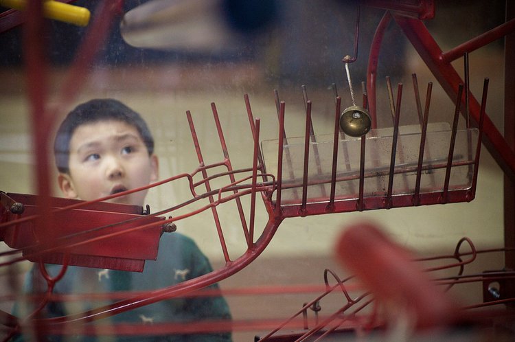 magical machine - 42nd street ballroom II | back to NYC...  If you are ever in the area of the Port Authority Bus Terminal stop in to see this magical, wonderful sculpture/machine.  It has been worked on recently and it seems to be functioning  more  often.     My son can stand and watch it for hours,  and I am not far behind :-)  Happy Monday!
<a href="http://en.wikipedia.org/wiki/Rolling_ball_sculpture" rel="nofollow">en.wikipedia.org/wiki/Rolling_ball_sculpture</a>

(not my son in the shot, btw)
