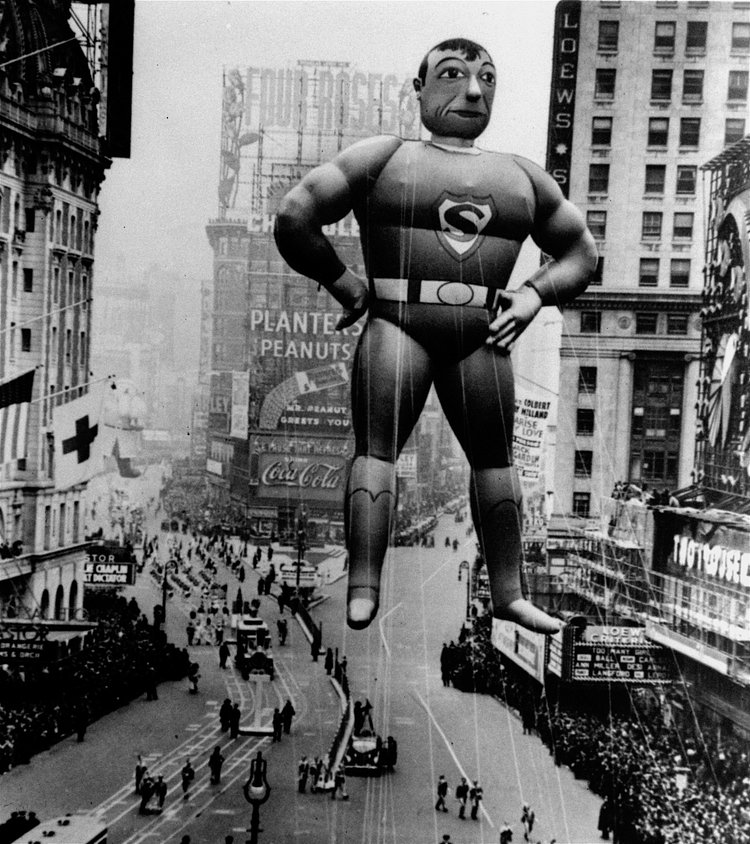 1940 Macy's Thanksgiving Day Parade. Superman's first float soaring through Times Square