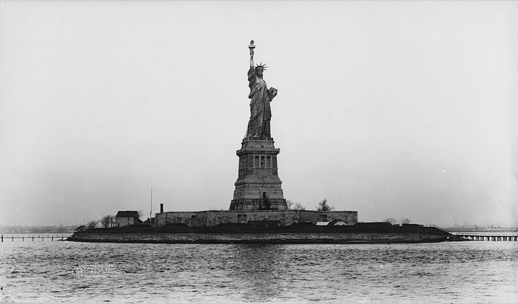 The Statue of Liberty seen on Liberty Island in New York Harbor, about a decade after her arrival, in 1898.
