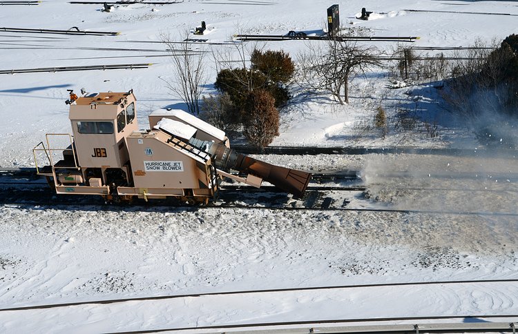 A Hurricane Jet Snow Blower clears a track in the Coney Island Yard. Photo: Marc A. Hermann / MTA New York City Transit