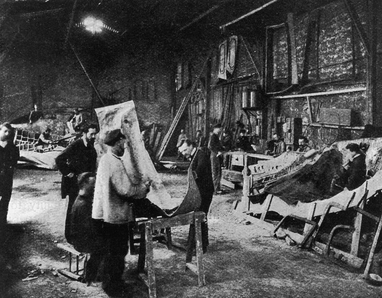 Segments of the Statue of Liberty during its construction in the workshop of French sculptor Frederic Auguste Bartholdi, in Paris circa 1880.
