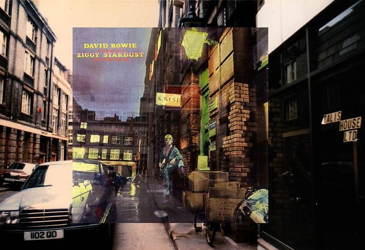 DAVID BOWIE - THE RISE AND FALL OF ZIGGY STARDUST AND THE SPIDERS FROM MARS (1972, RCA). . .Location: 23 Heddon Street (central London near Carnaby Street). . .Cover photo by Brian Ward. Artwork by Terry Pastor for Main Artery. . . 
Background photo taken in 1987. . .The cover shot was one of 17 shots taken in black and white and was later colorized for the cover. . .For more photos of this location see http://www.popspotsnyc.com/london/ )