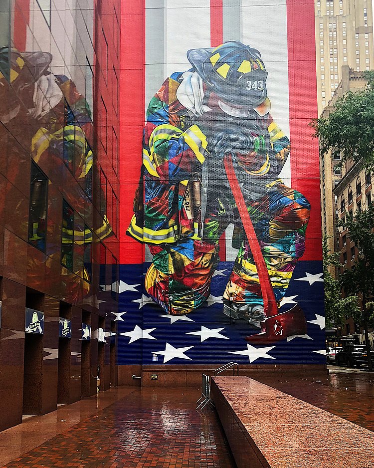 Reflection 
The finished #mural of @kobrastreetart ’s rendition of the iconic 9/11 photograph w/ New York’s Bravest! @fdny👩🏻‍🚒👨🏻‍🚒 Swipe 👉🏻for another 📸
❤️🧡💛 🇺🇸 💚💙💜 ... #stars #stripes  #iconic #911 #fdny #color #wallporn #art #artist #muralart #eduardokobra #urbanart #reflection #streetart #ny #newyork #nyc #newyorkcity #bigapple #manhattan #ILoveNY #ilovenyc  #seeyourcity  #graffitiart #justgoshoot #ignyc #muralsofnyc #manhattanstreetart #justgoshoot