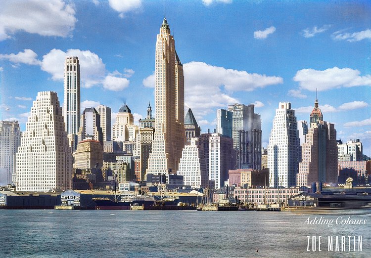Lower New York from the foot of Brooklyn Bridge, 1932 (Colorized)