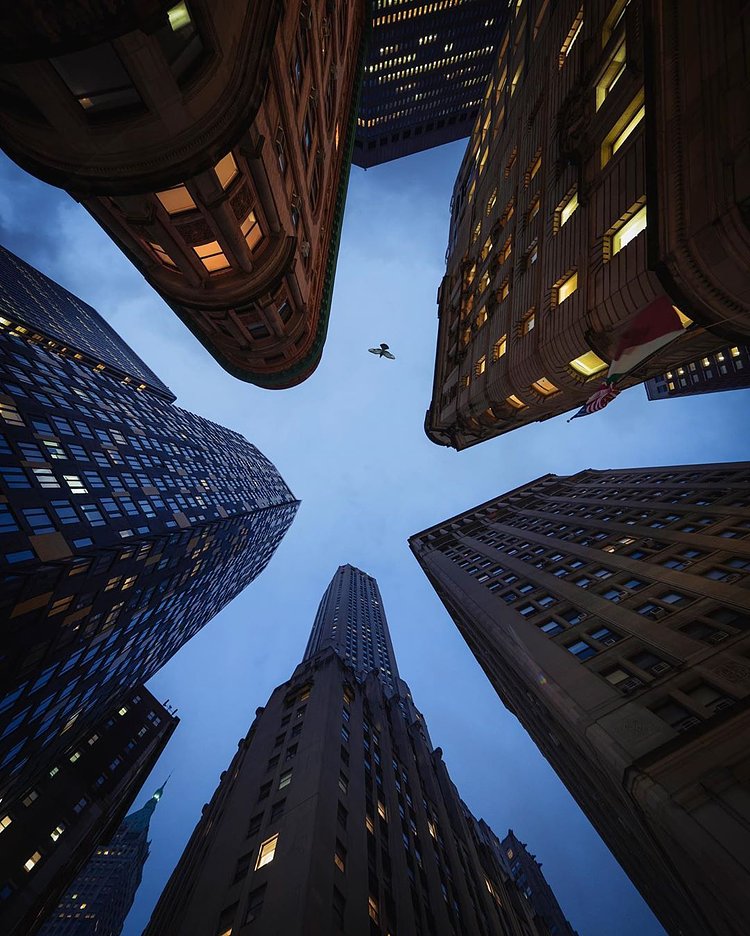Looking up from corner of Beaver, William, and S. William Streets, Financial District, Manhattan