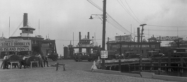 Loading vehicles at the 69th St. Ferry at St. George. Photo circa 1933
