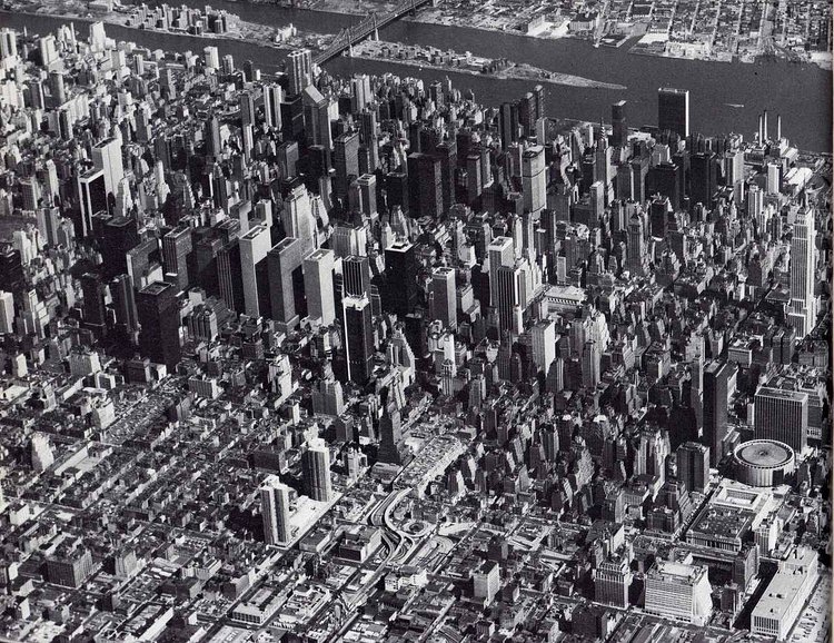 Aerial view looking northeast of Midtown Manhattan. March, 1978.