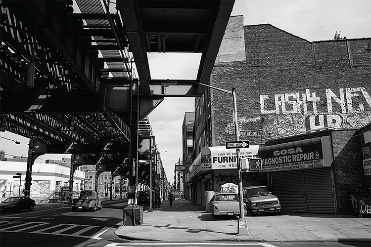 Wallabout Street and Broadway beneath J/M/Z underpass in Brooklyn