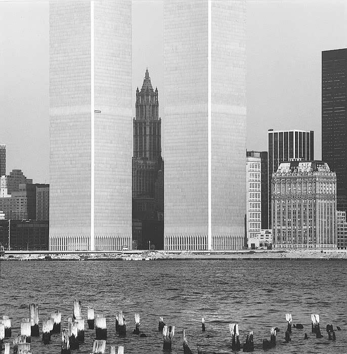 The Woolworth Building framed by the Twin Towers, 1973