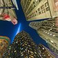 The @911memorial Tribute in Lights of the @wtc seen from the tight cluster of tall skyscrapers in the Financial District