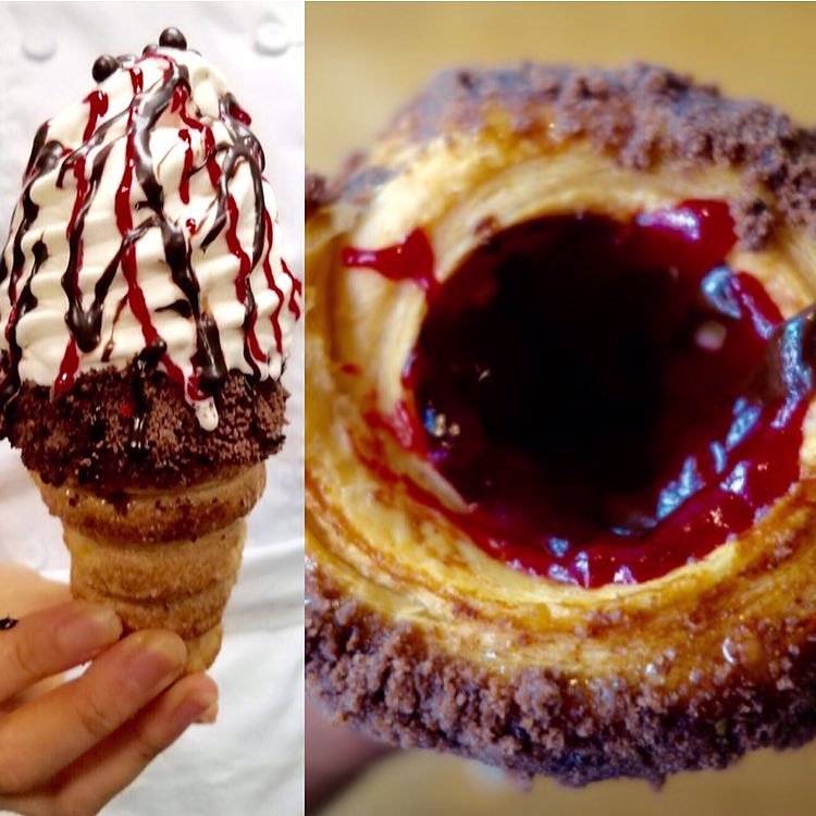 coneCHURRO!® NYC! 1:30pm - midnight, daily.  Lookout for additional MAY FLAVORS!! *Banana Brûlée *Strawberry Shortcake, *Nutella S'mores Galore!!! Pictured: choco raspberry. Photo cred: ChikaLicious NYC 
JHERI CURL - sea salt caramel coated inner cone, cinnamon struessel rim with sea salt caramel drizzle.

NUTTY PROFESSOR:  nutella smeared "inner" cone with brown sugar pecan rim, world's tastiest tahitian vanilla bean soft serve with toasted almonds, nutella drizzle and frosted pecan top.

TWINKLE SPRINKLES:  66% Valrhona caribe chocolate ganache coated inner cone with happy dance rainbow sprinkles.

POINDEXTER:  66% Valrhona caribe chocolate ganache coated inner cone with happy dance rainbow sprinkled RIM.

CHOCO-RASPBERRY SUNDAE:  chocolate ganache/raspberry jam filling, chocolate struessel rim, raspberry and chocolate sauce drizzle. 
GREEN ENVY:  red bean inner cone, green tea struessel rim, green tea/vanilla swirl, red bean top. 
204 E. 10th st. @2nd Ave., NYC, BITCHESSSZz.  conechurro.com