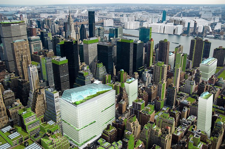 Vertical farms in mid-town Manhattan to produce food for 30,000 people.
