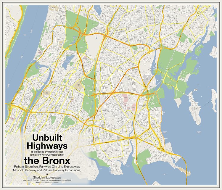 Unbuilt Highways of the Bronx | Unbuilt Highways as proposed by Robert Moses in the New York City Borough of the Bronx: Pelham-Shorefront Parkway, City Line Expressway, Mosholu Parkway and Pelham Parkway Expansions, &amp; Sheridan Expressway
Map data © Google | Created by vanshnookenraggen © 2009