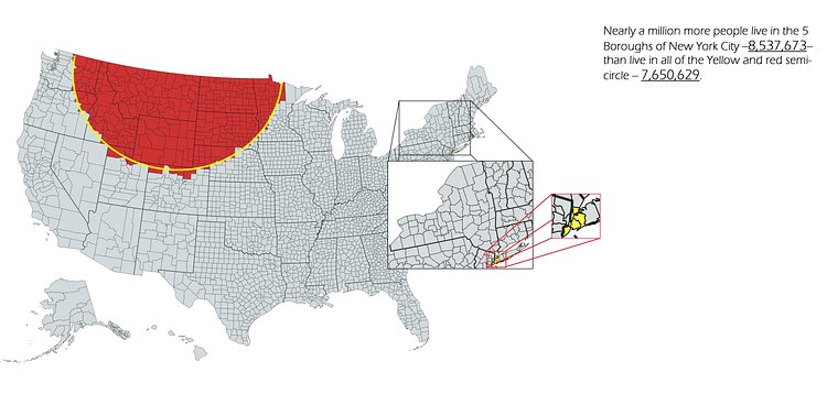 More people live in the 5 boroughs of New York (8,537,673) than live in the red & yellow semi-circle (7,650,629). 