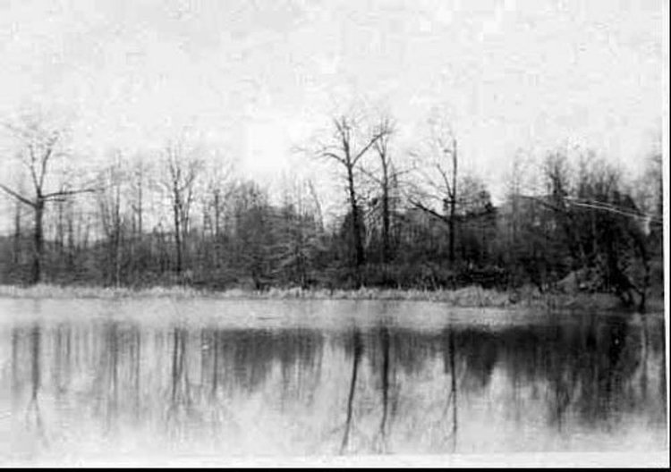 The picture was taken from the site of the concrete dam at the out flow of the pond looking South West toward Amboy Road. The buildings visible in the background in the center of the picture are 3892 and 3888 Amboy Road. Photo circa April 1947.