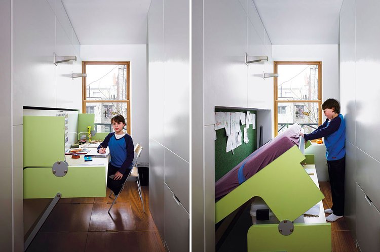 Having a home office in an apartment of this size might seem impossible, but flexible furniture transforms one room into two. All it takes is gentle downward pressure to lower the desk to the floor, bringing the kid-size mattress into position for bedtime.