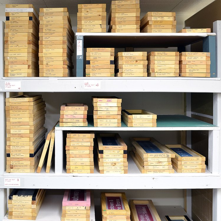 Blueprint frames in the shop. Sideways Signs - High-quality New York City subway signs officially licensed by the MTA.