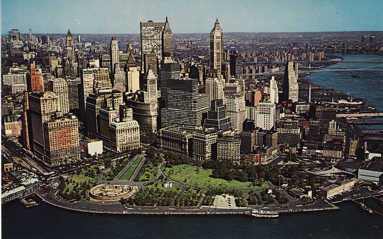 A close view of lower Manhattan’s financial district looking north in 1963. Only a few post-war buildings have been constructed in the financial district.