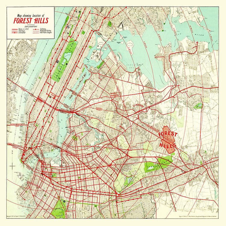 Vintage NYC subway, rail, and trolley map showing location of Forest Hills, early 1900s