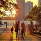 Sunset over Lower Manhattan skyline from Brooklyn Heights