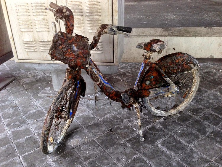 Spotted near Stuyvesant Cove Park by Andrew Adam Newman on Ave C, who noted the bike "looked like it had been dipped in the sewer."