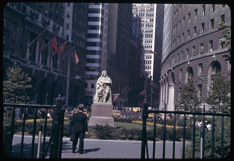 A statue of Abraham de Peyster, who was mayor of New York City from 1691 to 1694, is seen in Bowling Green.