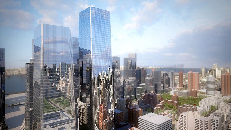Commissioned by Brookfield Property Partners, the $4.5 billion development encompasses a trio of glass structures including a residential skyscraper and two office buildings, plus a two-acre outdoor plaza and ample commercial space.