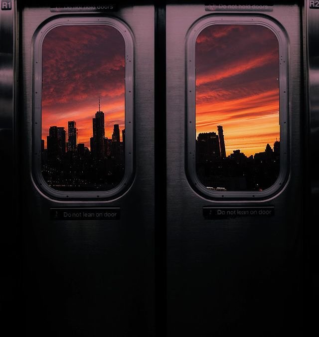 Sunset over Lower Manhattan from Q Train, Manhattan Bridge