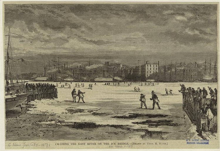 Crossing the East River on the ice bridge. 1871