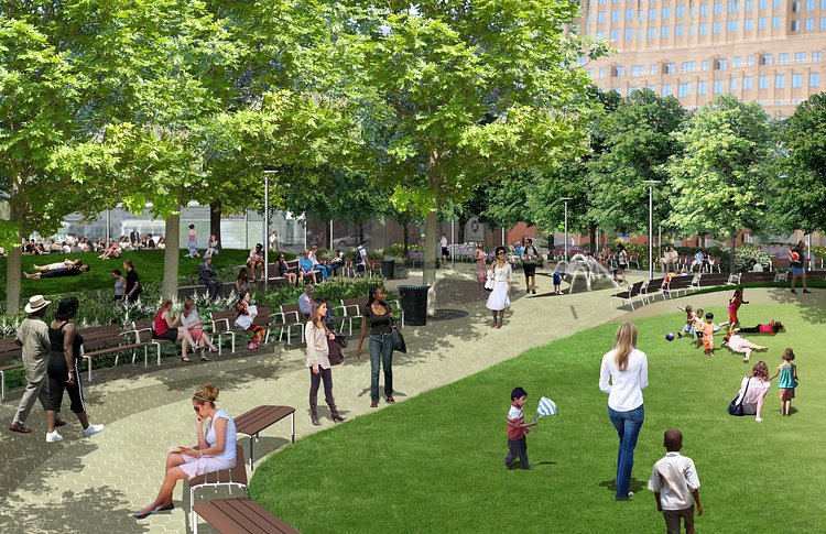 A rendering of Downtown Brooklyn’s future green space, Willoughby Square.