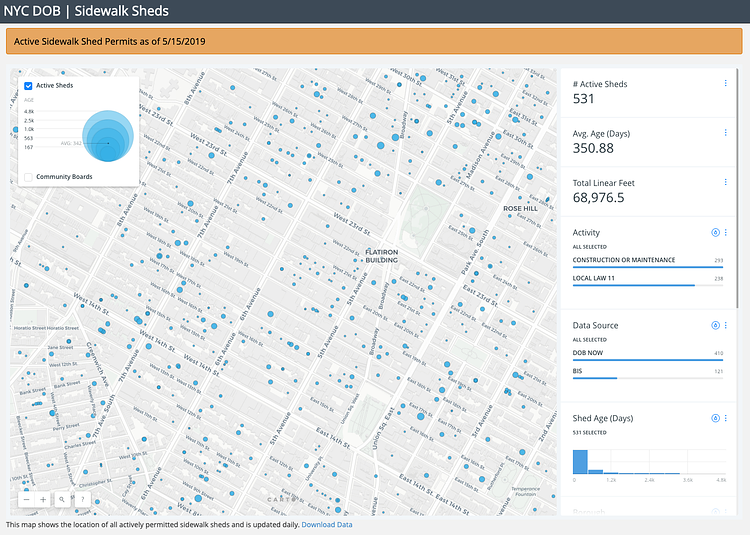 NYC Sidewalk Shed Map (screenshot)