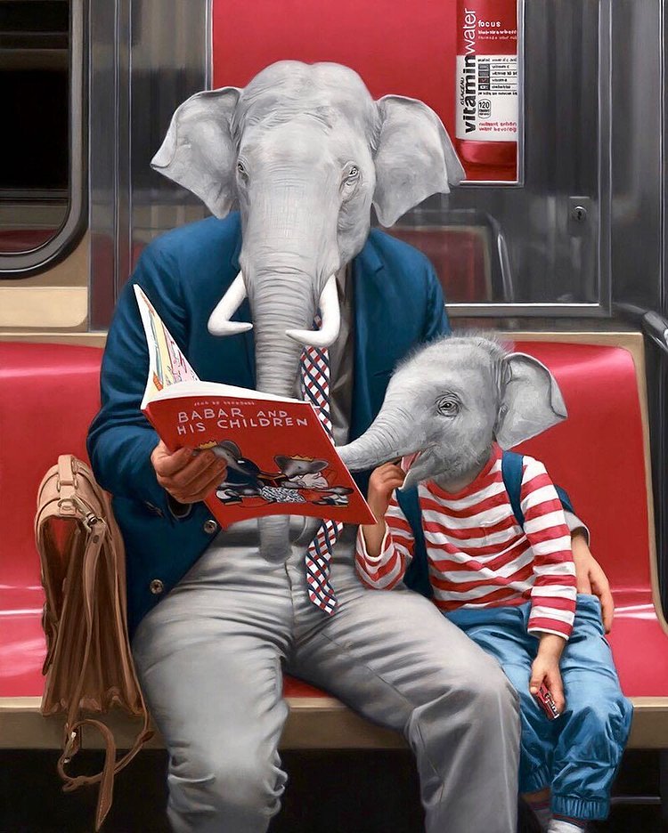 This is the second of two father and son pieces I painted for my last solo show. I loved the Babar books when I was a kid and painting this really brought me back to my childhood when my parents read to me all the time. I’m finishing up several new father/son paintings for my show coming up in New York at @spoke_art. 'LAX / JFK' is being curated by the folks at @thinkspace_art and opens on November 11th from 6-10 PM. Save the date! 🐘📕
Prints of this painting available at grabelsky.etsy.com