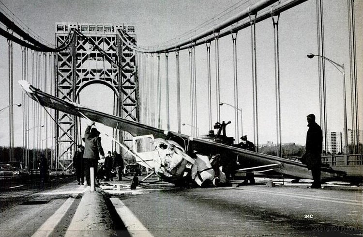 Philip Ippolito and passenger Joseph Brennan Jr. made an emergency landing on the George Washington Bridge, December 26, 1965.