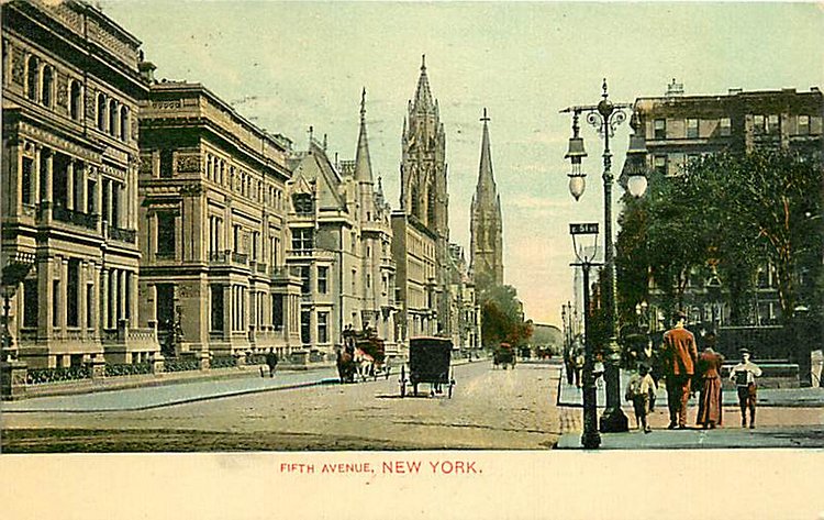 Fifth Avenue looking north from 51st Street around 1900. A newsboy stands on the corner as a couple passes by on a mostly deserted thoroughfare. The triple palaces of the Vanderbilt’s stand between 51st and 52nd Streets and the northwest corner of 52nd Street. The first two mansions were  given to his daughters by William Henry Vanderbilt, the third on 52nd Street was the home of William K. Vanderbilt. By 1945 all three mansions were gone; victims of changing tastes, expenses, and the rising value of real estate. The churches in the background are St. Thomas Episcopal Church and the Fifth Avenue Presbyterian Church.