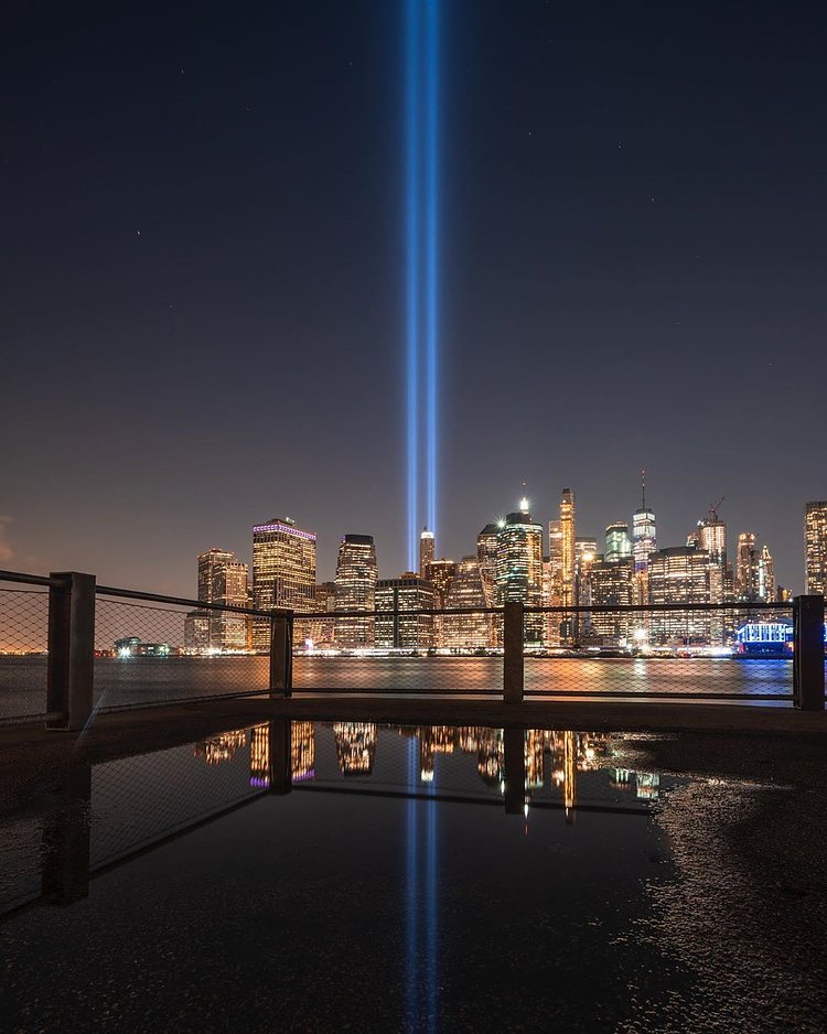 9/11 Tribute in Lights over New York City Skyline